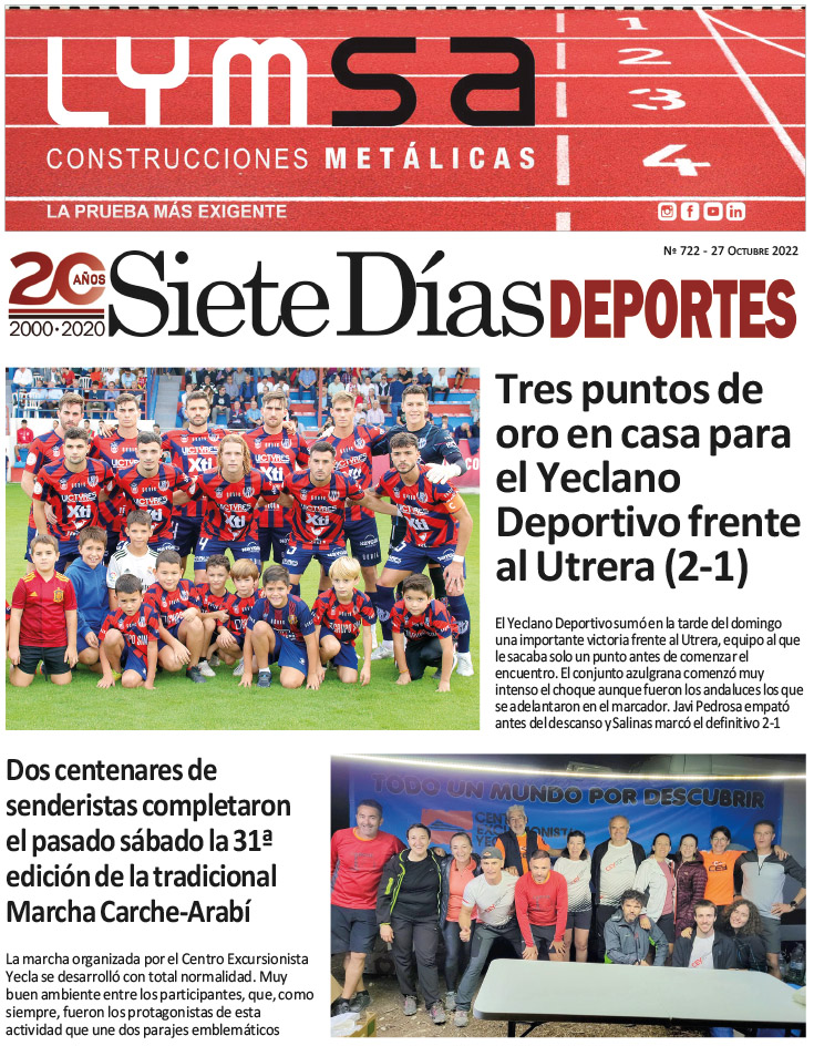 DEPORTES SIETE DÍAS YECLA – Edición 722 – Jueves 27 de octubre de 2022